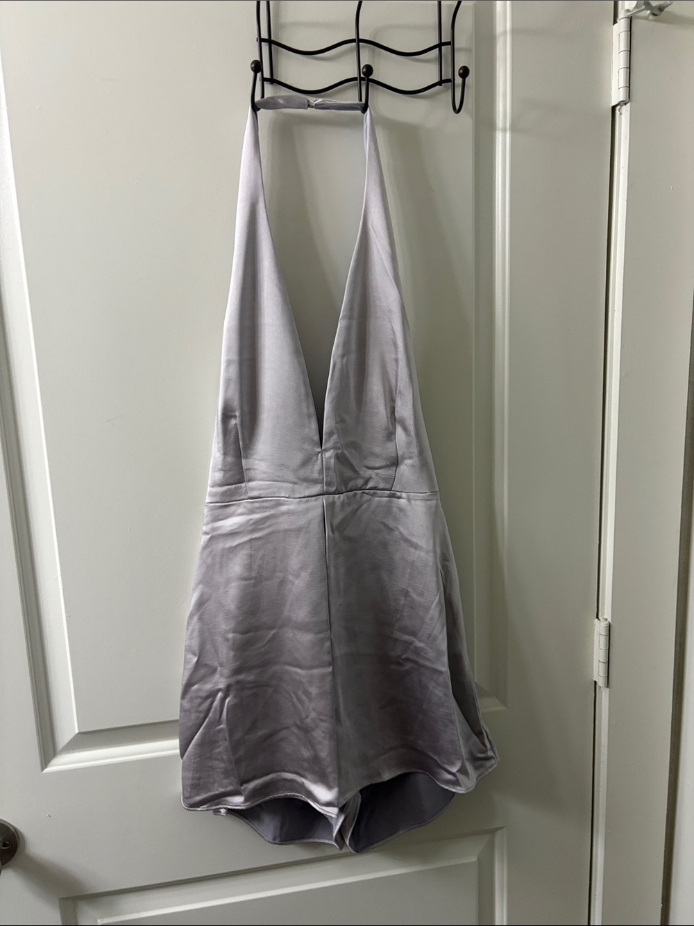 Satin Halter Romper Dress in Light Gray